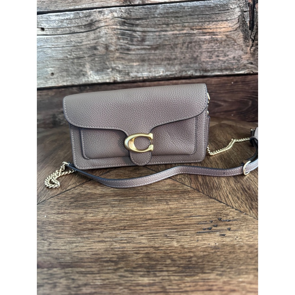 Coach Tabby Chain Clutch Pebbled Leather Taupe Crossbody Bag Gold C Logo